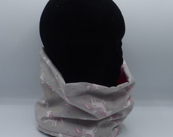 Snood unicorns pink gray in cotton and fleece girl child 3 4 5 6 7 8 9 10 11 12 years