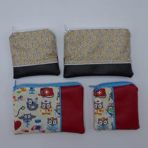 Petit porte monnaie, Grand porte monnaie, hexagones dorés noir , chouettes médecin docteur rouge bleu, en coton et simili cuir 2 modèles