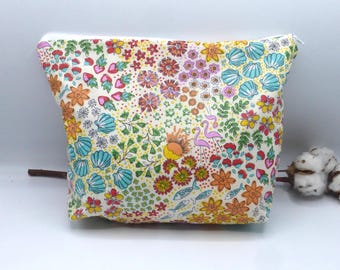 Beauty case foderato con coloratissimi fiori di fenicottero multicolori, design estivo a tema marino, realizzato in cotone spalmato, per donne e ragazze.
