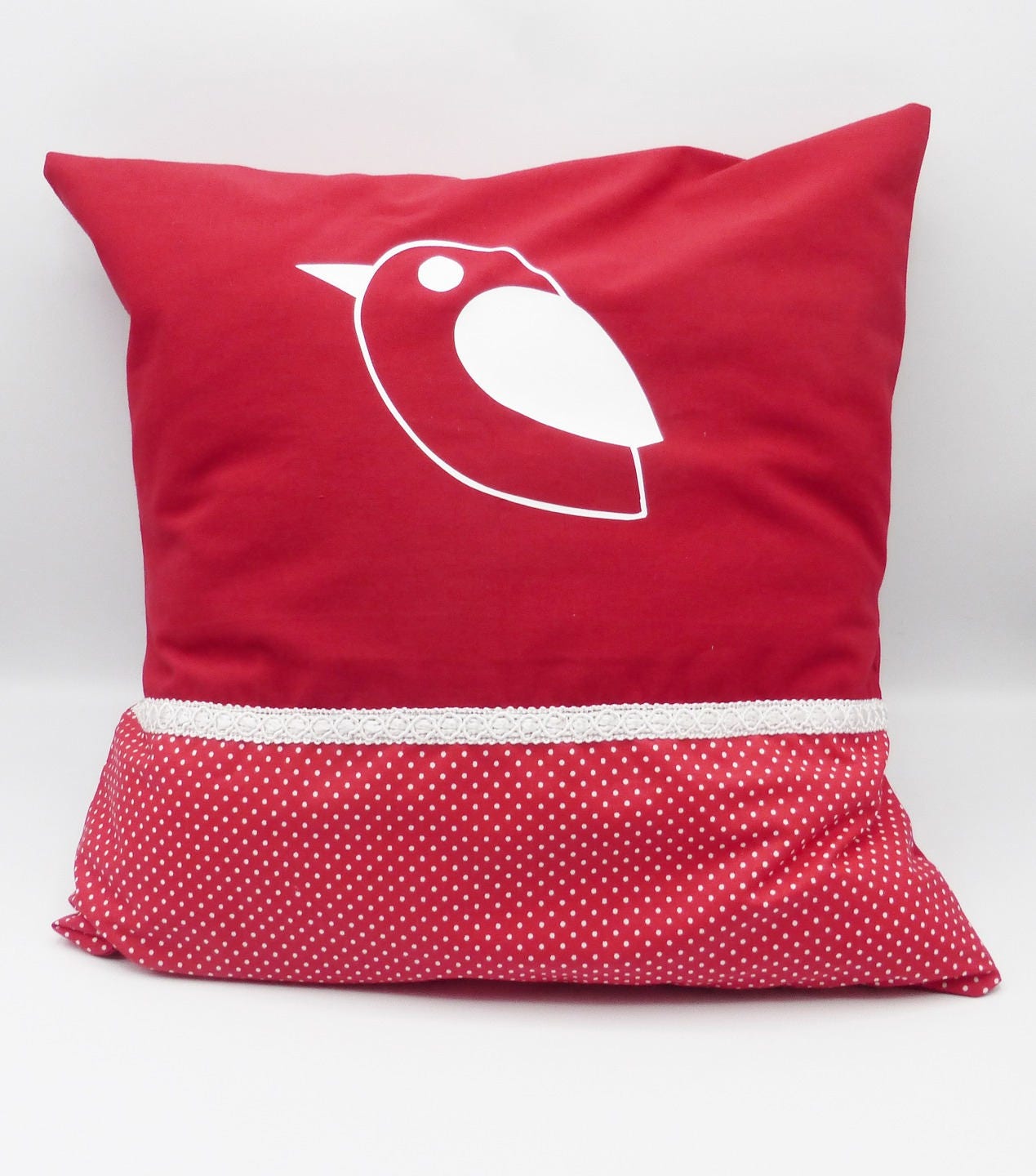 Housse de Coussin Oiseau Pois Rouge Blanc Coton