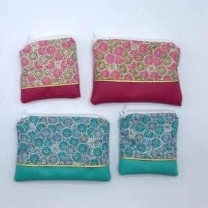 Petit porte monnaie, Grand porte monnaie, fleurs blanches dorées vert émeraude, rose fuchsia, en coton et simili cuir 2 modèles