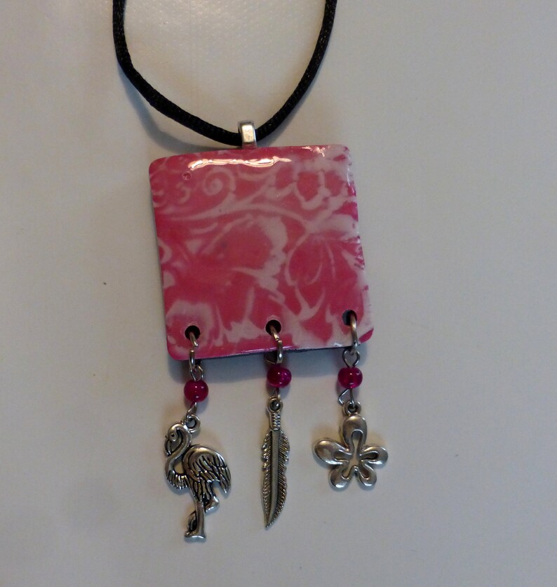 charms and glass beads Pink boheme pendant necklace in polymer clay