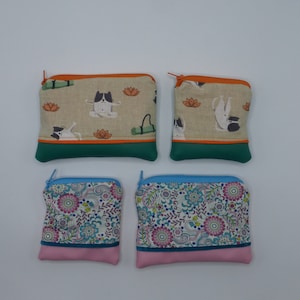 Petit porte monnaie, Grand porte monnaie, chats yoga orange vert émeraude, fleurs rose bleu turquoise, en coton et simili cuir 2 modèles