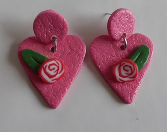 pink heart earrings in polymer clay