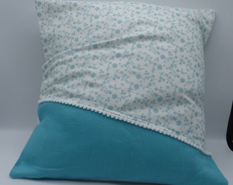 Housse de coussin bleu turquoise pois et fleurs coton