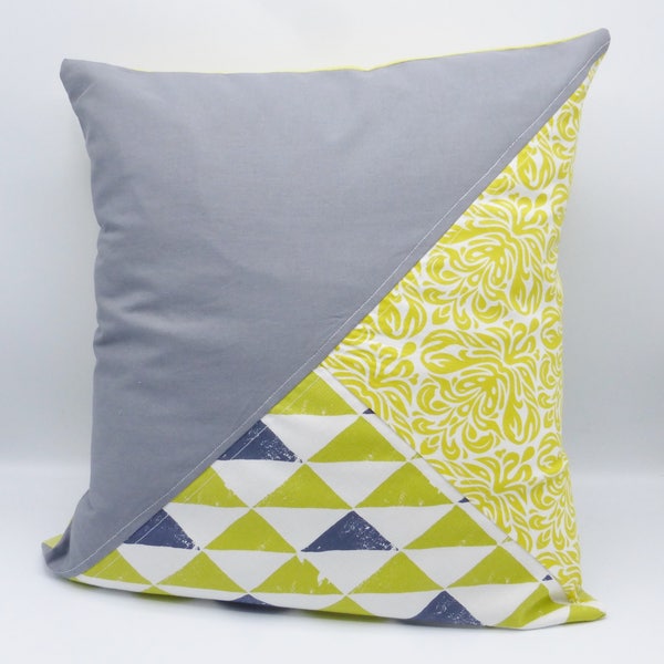 Housse de coussin vert anis et grise en coton