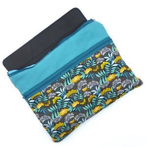 Pochette pour tablette 10 pouces, étui pour tablette fleurs bleu vert et jaune en coton avec petite poche