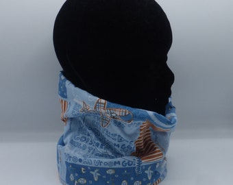 Snood cars planes blue and brown cotton and fleece boy child 3 4 5 6 7 8 9 10 11 12 years