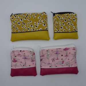 Petit porte monnaie, Grand porte monnaie, léopard moutarde jaune ocre noir, danseuse rose fuchsia, en coton et simili cuir 2 modèles