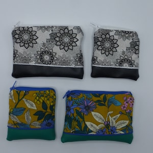 Monedero pequeño, Monedero grande, flores mandala negro gris blanco amarillo mostaza azul verde, en algodón y polipiel 2 modelos