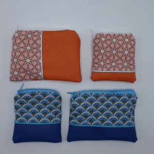 Petit porte monnaie, Grand porte monnaie, géométrique éventails japonais bleu roy orange pêche, en coton et simili cuir 2 modèles