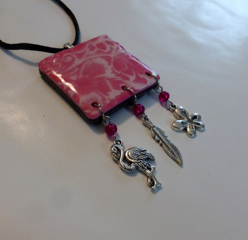 charms and glass beads Pink boheme pendant necklace in polymer clay