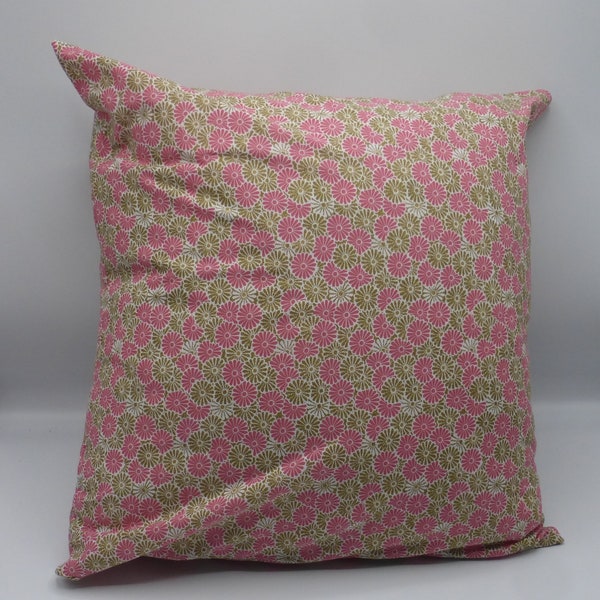 Housse de coussin rose vif et doré fleurs japonaises marguerites coton