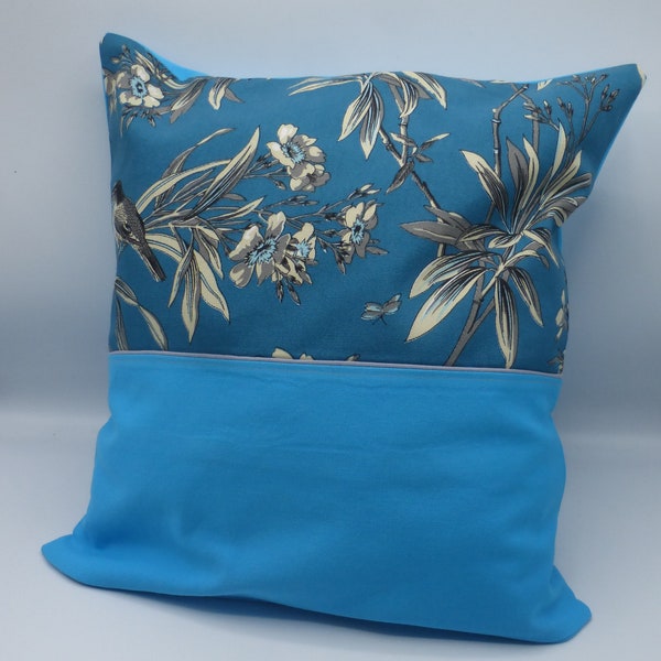 Housse de coussin coton fleurs turquoise et bleu canard coton