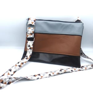 black, brown and gray colorblock striped shoulder bag in cotton and faux leather, decorative strap, large size