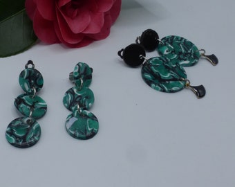 Clips boucles d'oreilles marbrées vert d'eau vert jade vert émeraude en pâte polymère et acier inoxydable, clips pendantes