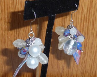 Purple and pink cluster earrings in glass beads, polymer clay and silvery metal