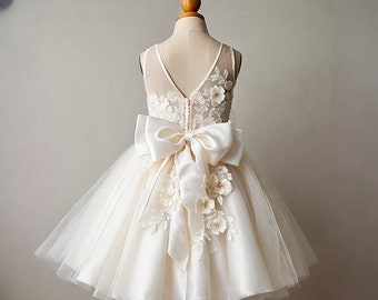 Luxurious Ivory Tulle Flower Girl Dress with Floral Appliqué - Custom Sized