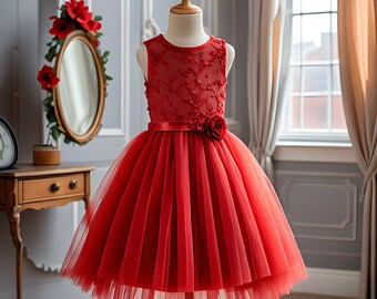 Elegant Red Tulle Flower Girl Dress with Bead Embroidery