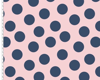 Girl Fabric, Apparel Fabric,  Pink Fabric, Navy Polka on Pink, Kids Fabric, Feminine Fabric,Polka Fabric, Navy Dots, Stretch Fabric