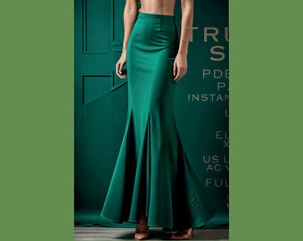 Elegant Emerald Green Flared Trumpet Maxi Skirt - High-Waisted double crepe Finish, Plus size clothing, optional made to measure