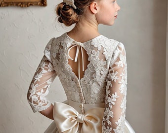 Elegant Ivory First Communion Dress with Guipure Lace and Satin Bow