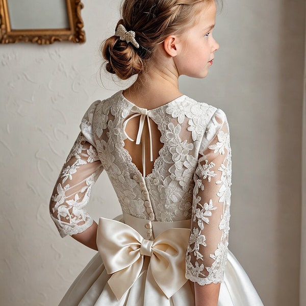 Elegant Ivory First Communion Dress with Guipure Lace and Satin Bow