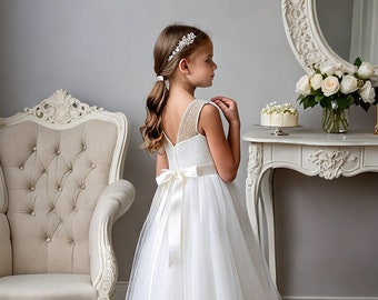 First Holy Communion Dress, Tulle Flower Girl Dress with Lace Details, Graceful Angel - Girls' White Holy Communion Tulle Dress