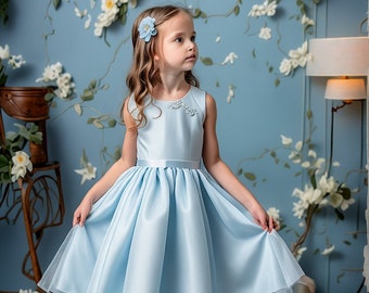 Blue Serenity" - A Portrait of Spring's Calm in Sky-Blue Dress, Blue Satin Tulle Flower Girl Dress