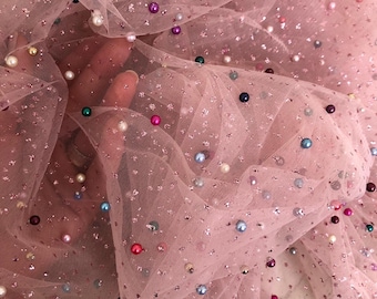 Pink Tulle Glitter Lace Fabric Embroidered with Colorful Pearls for Evening Gowns, Prom Dresses, Party Dresses, Fabric By The Yard