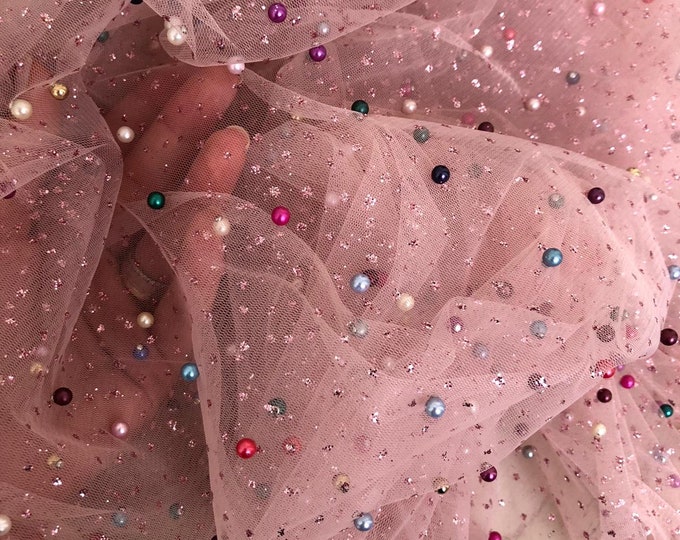 Featured listing image: Pink Tulle Glitter Lace Fabric Embroidered with Colorful Pearls for Evening Gowns, Prom Dresses, Party Dresses, Fabric By The Yard