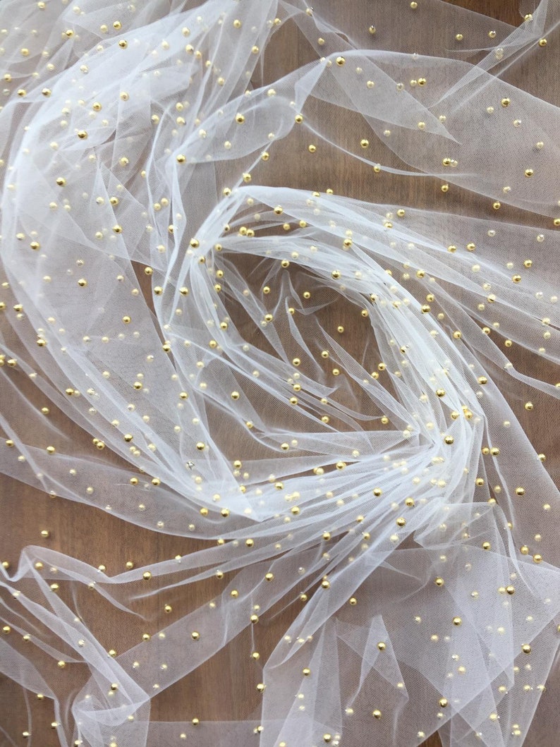 White Lace Fabric Embroidered with Gold Pearls for Evening | Etsy