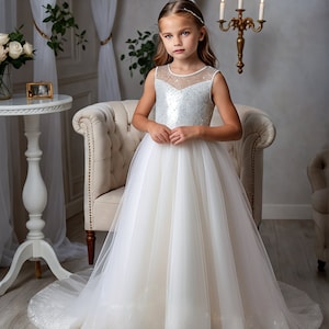 First Holy Communion Dress, Tulle Flower Girl Dress with Lace Details, Graceful Angel Girls' White Holy Communion Tulle Dress image 2