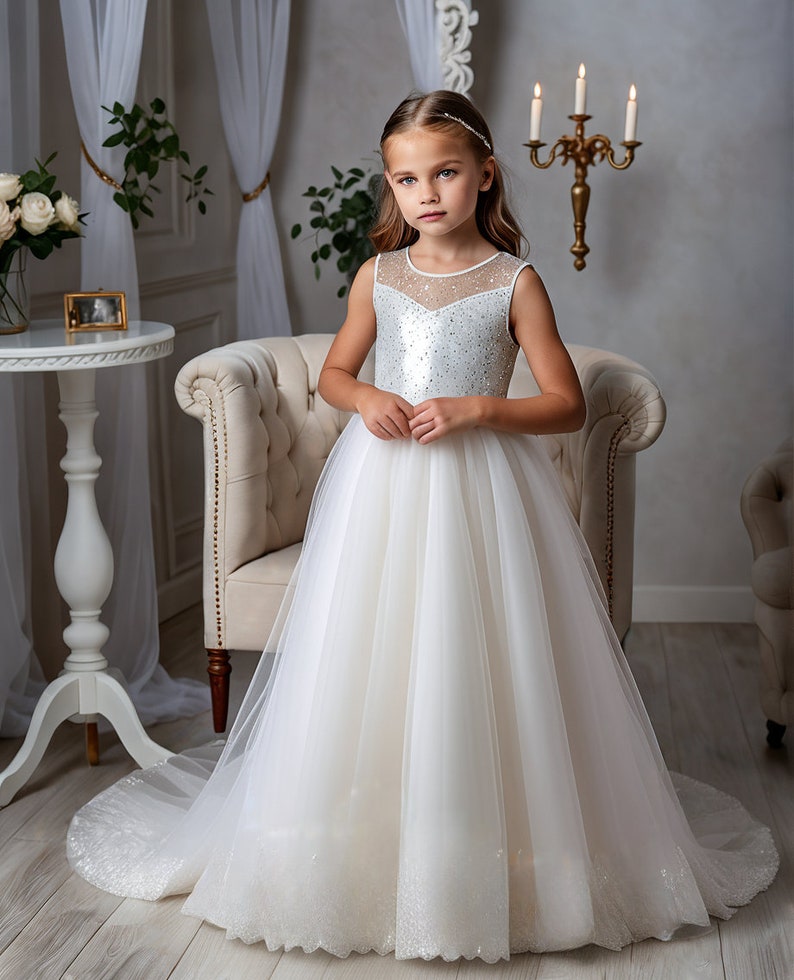 First Holy Communion Dress, Tulle Flower Girl Dress with Lace Details, Graceful Angel Girls' White Holy Communion Tulle Dress image 2