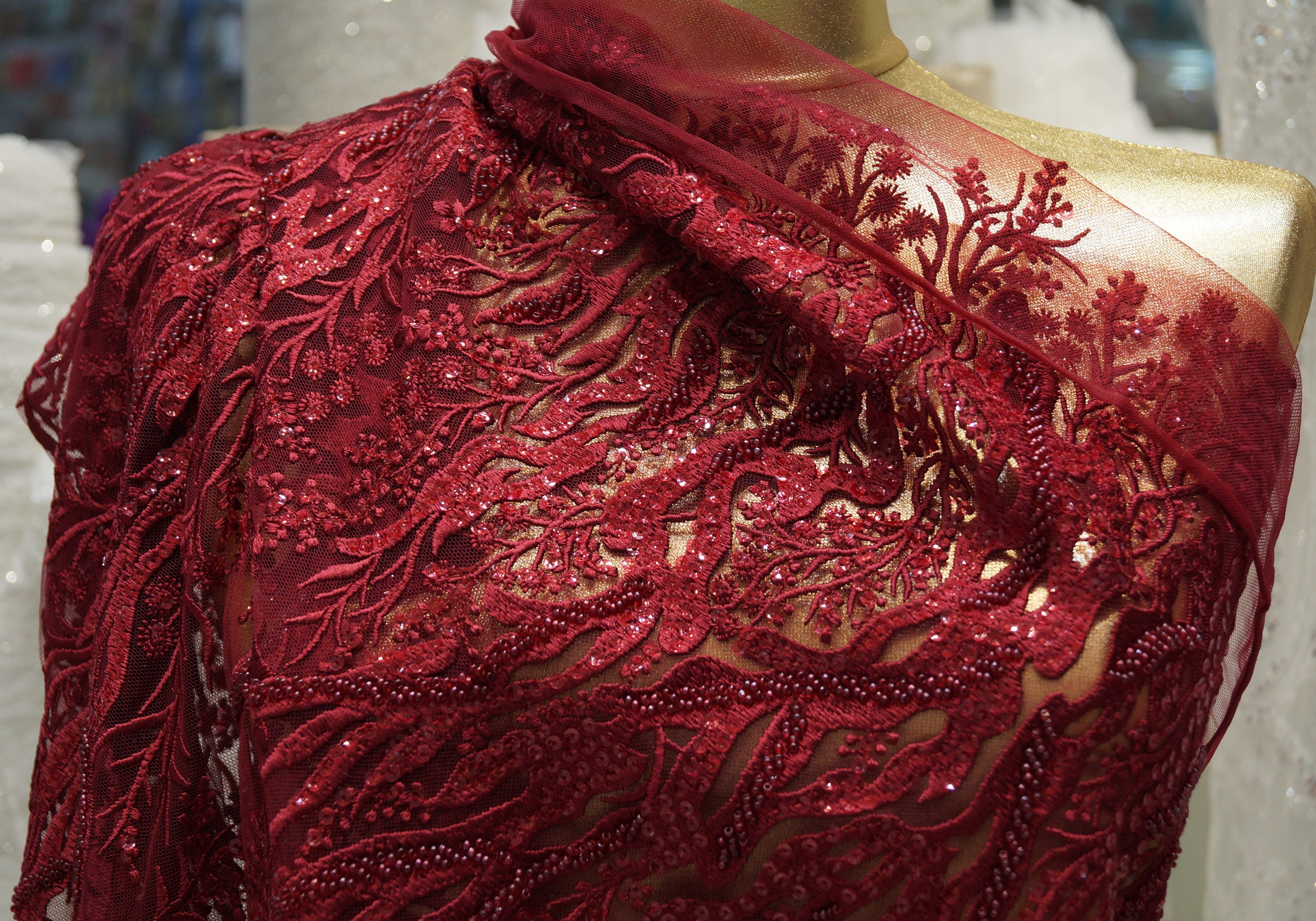 lace and beads burgundy dress
