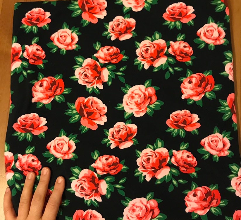 Floral Floral Fabric Red Rose Green Leaves Black Jersey | Etsy