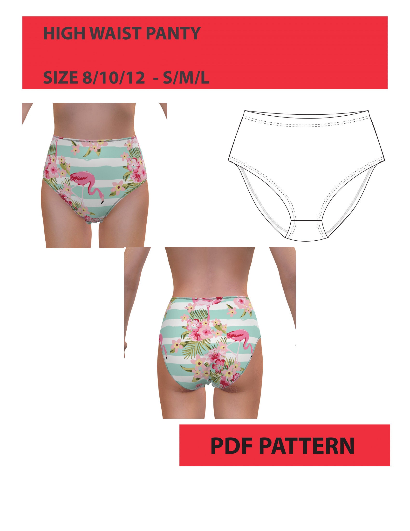 Daisy Briefs panty PDF Sewing Pattern: mid-rise full coverage women's  underwear for stretch knits