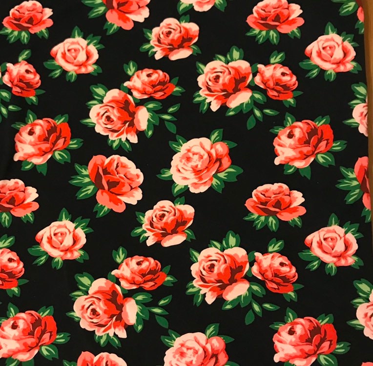 Floral Floral Fabric Red Rose Green Leaves Black Jersey | Etsy