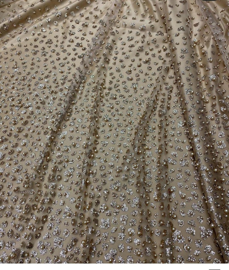 Prom Dresses Fabric Leopard Glitter Tulle Fabric Gold Glitter Lace Tulle with Pearls for Evening Gowns Bridal Tulle Gold Pearls Tulle