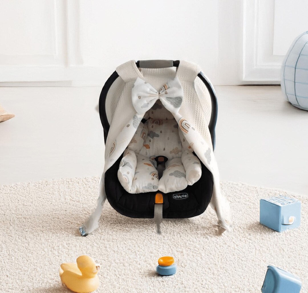 Personalized White Baby Car Seat Cover and Cushion Optional Organic