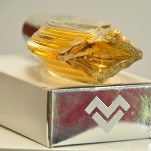 K&ouml;nnte beinhalten: Eine durchsichtige Glasflasche mit Parfum, einem goldenen Verschluss und einer silbernen Schachtel mit einem wellenf&ouml;rmigen Design. Auf der Schachtel steht "Aquarius" gedruckt.