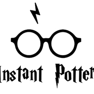 May include: Black and white illustration of a pair of round glasses with a lightning bolt above them. The text "Instant Potter" is below the glasses.