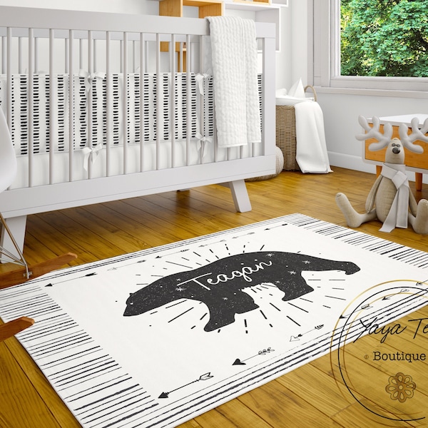 Personalized Indoor Rug, Black Bear Room Decor, Playroom Monogrammed Rug Customized Nursery Carpet, Baby Bedroom Decor Mat, Custom Area Rugs