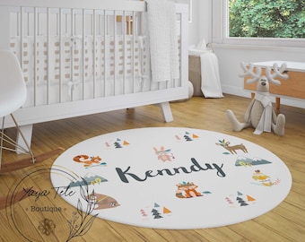 Personalized Round Woodland Rug, Forest Nursery Decor, Monogrammed Playroom Mat, Customized Baby Room Carpet, Bear Fox Owl Accent Area Rug