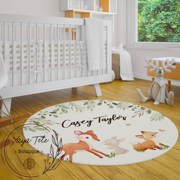Personalized Round Forest Rug, Woodland Room Decor, Playroom Mat, Customized Nursery Carpet, Monogrammed Fox Bedroom, Custom Accent Area Rug