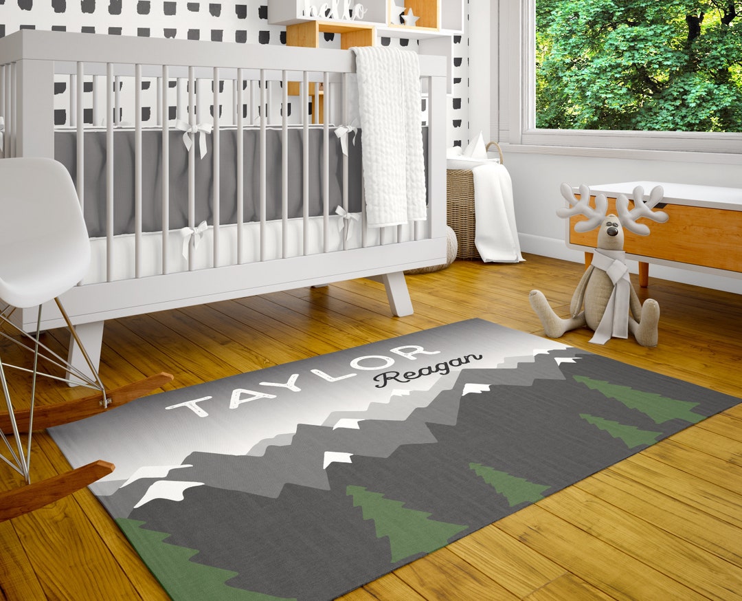 Personalized Rug, Mountain Range Room Decor, Playroom Indoor Area Rugs, Customized Nursery