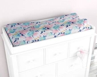 Floral Changing Pad Cover, Pink Diaper Changing Table Pad Cover, Pad Covers Baby Boy or Girl, Stretchy Fitted Pad Cover