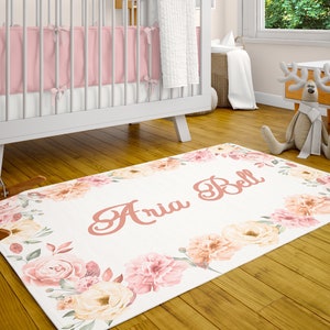 Personalized Rug, Pink Floral Room Decor, Monogrammed Playroom Mat, Customized Nursery Decor Baby Girl Bedroom Carpet Custom Indoor Area Rug