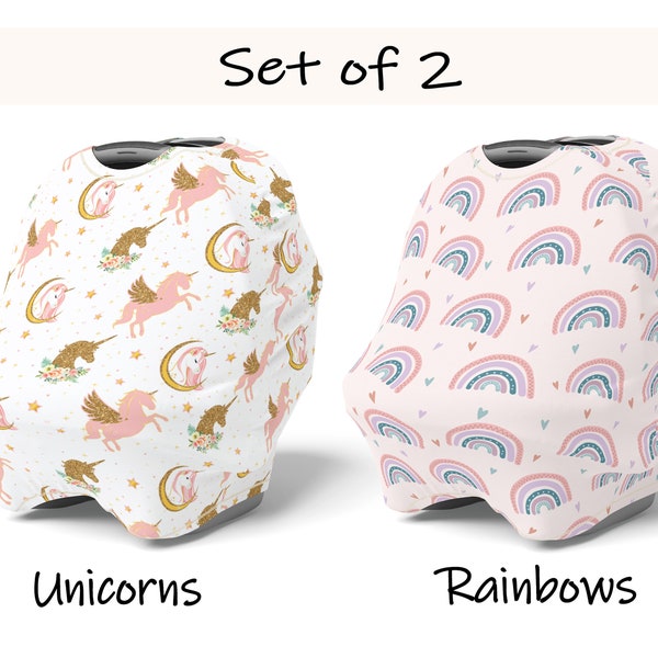 2 Pack Rainbow & Unicorns Car Seat Canopy Pink Carseat Cover Stretchy Multi Use Nursing Cover Up Breastfeeding Baby Girl Cart Nursery Decor