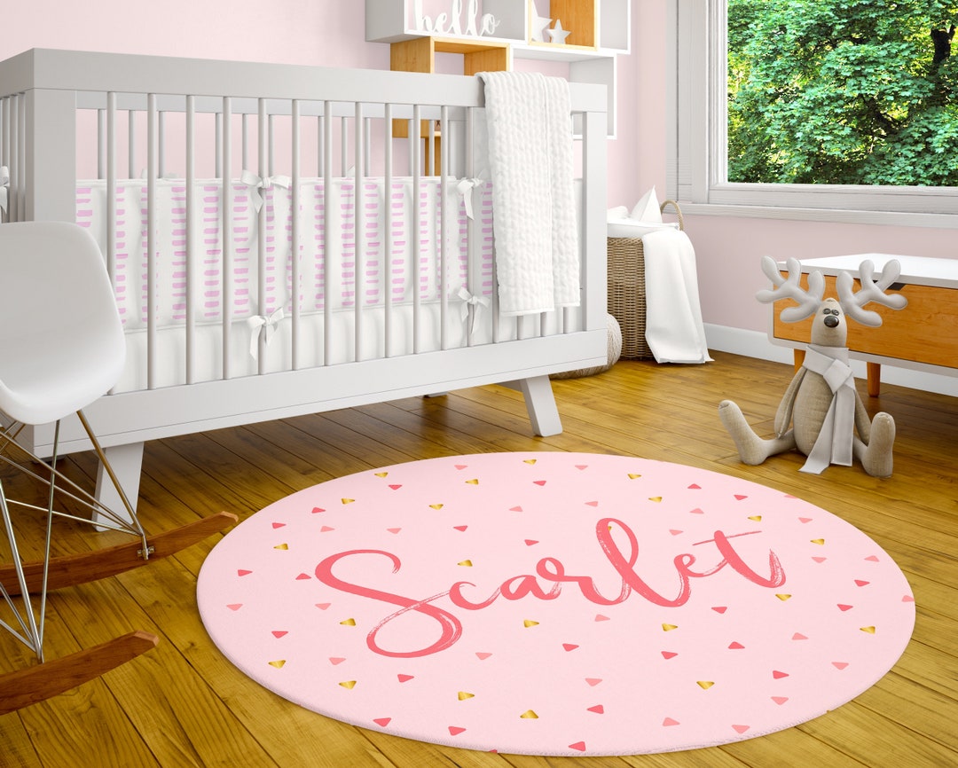 Personalized Round Rug, Pink Playroom Rug, Customized Nursery Carpet